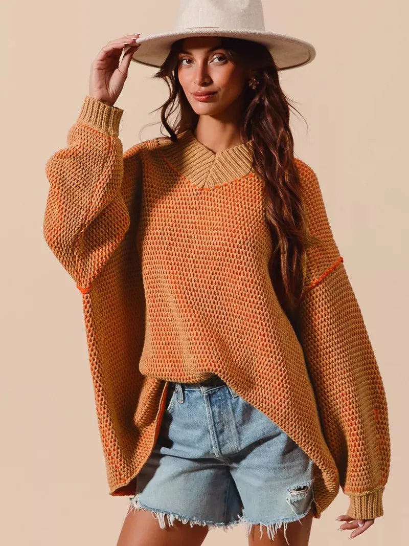 So Me Relaxed Radiance Oversized Textured V Neck Sweater-Women's Shirts & Tops-Shop Z & Joxa