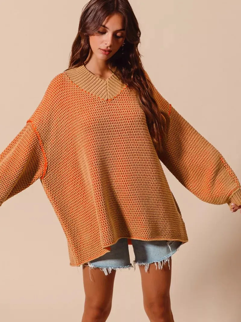 So Me Relaxed Radiance Oversized Textured V Neck Sweater-Women's Shirts & Tops-Shop Z & Joxa
