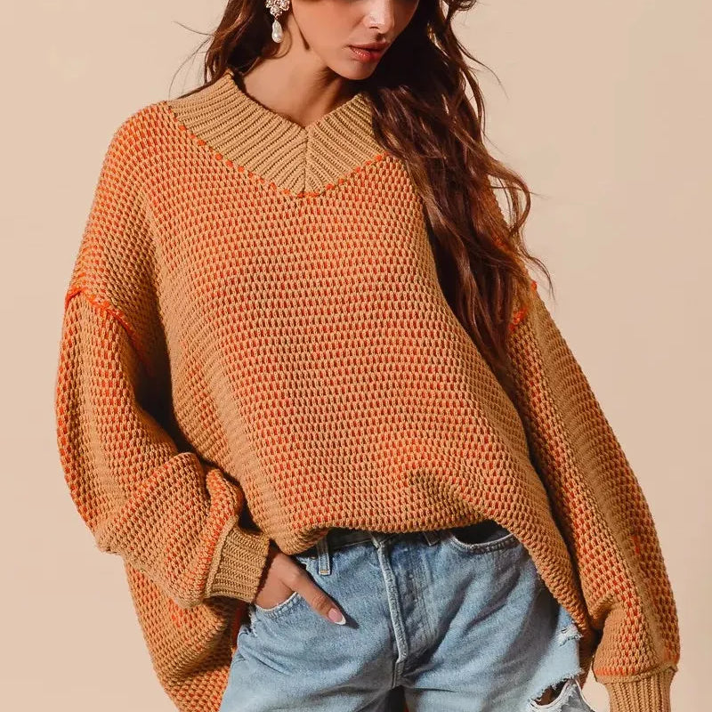 So Me Relaxed Radiance Oversized Textured V Neck Sweater-Women's Shirts & Tops-Shop Z & Joxa