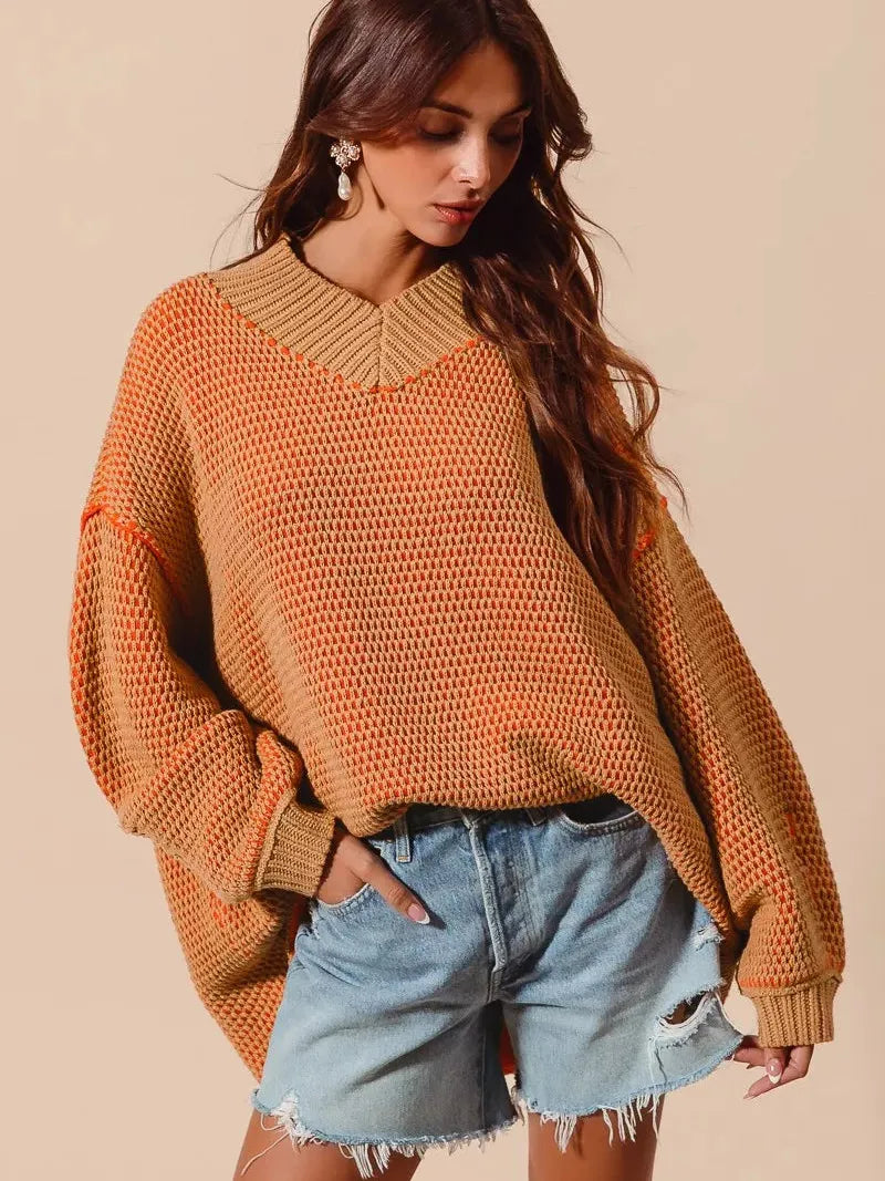 So Me Relaxed Radiance Oversized Textured V Neck Sweater-Women's Shirts & Tops-Shop Z & Joxa