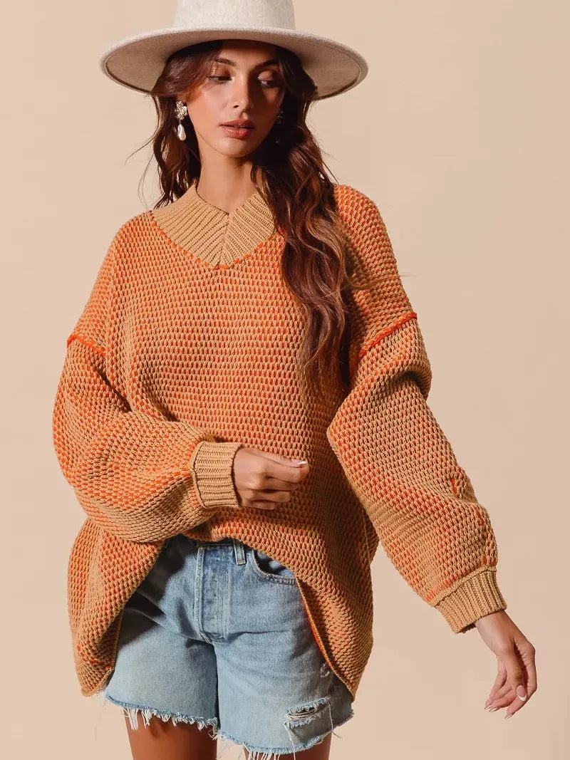 So Me Relaxed Radiance Oversized Textured V Neck Sweater-Women's Shirts & Tops-Shop Z & Joxa