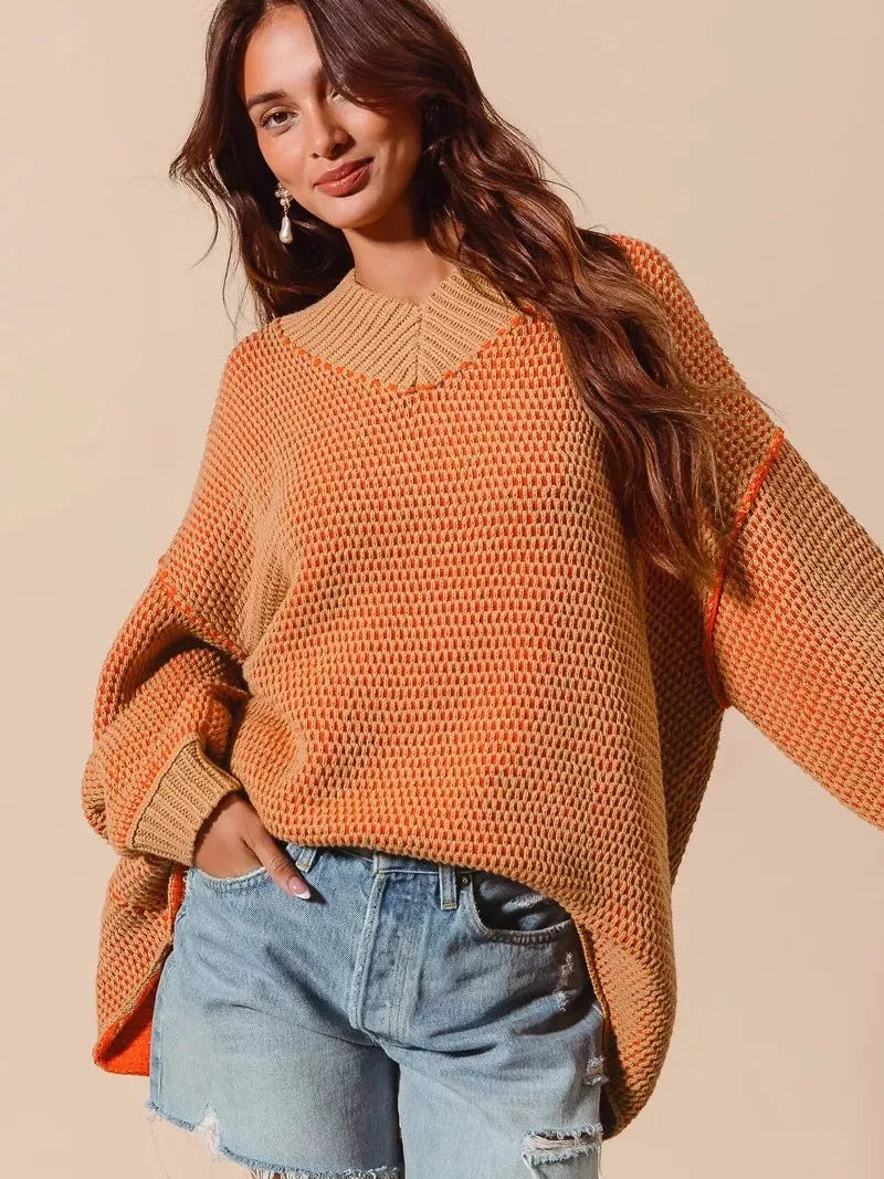 So Me Relaxed Radiance Oversized Textured V Neck Sweater-Women's Shirts & Tops-Shop Z & Joxa