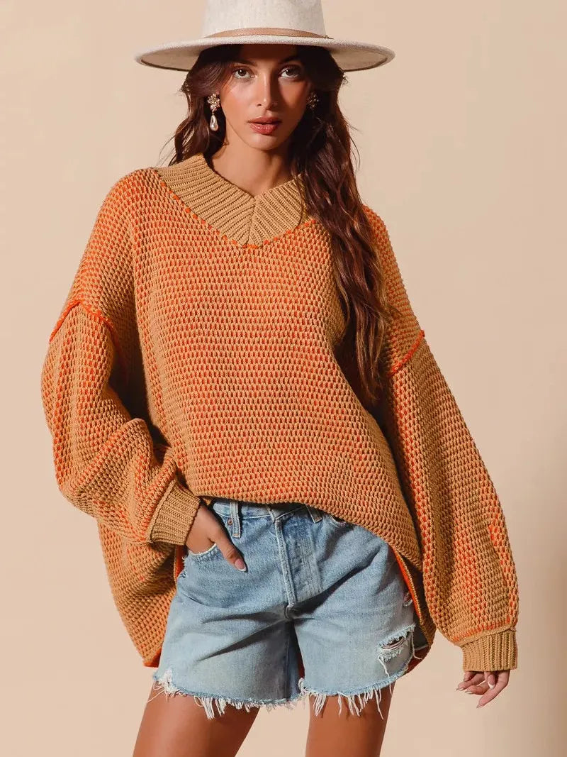 So Me Relaxed Radiance Oversized Textured V Neck Sweater-Women's Shirts & Tops-Shop Z & Joxa