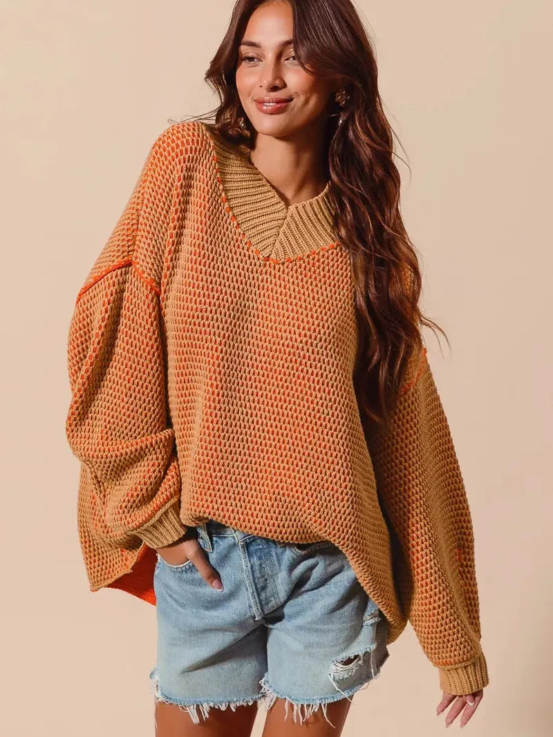 So Me Relaxed Radiance Oversized Textured V Neck Sweater-Women's Shirts & Tops-Shop Z & Joxa