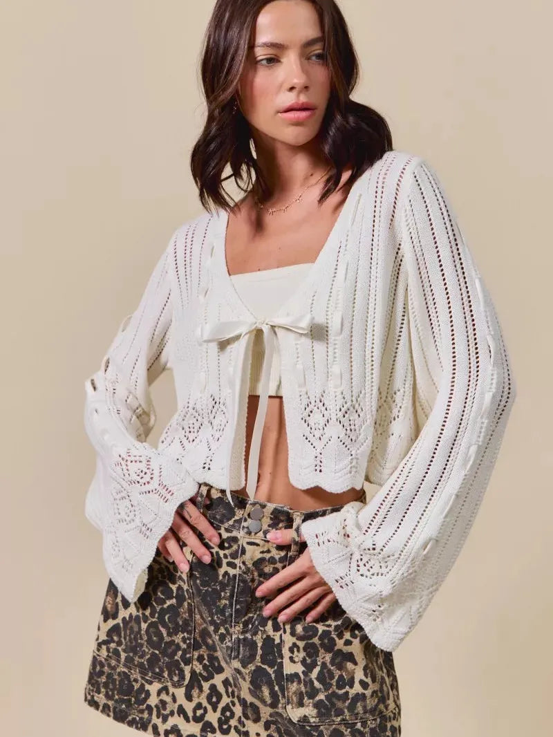 So Me Ribbon & Cozy Open Front Ribbon Tie Crochet Cardigan-Women's Shirts & Tops-Shop Z & Joxa