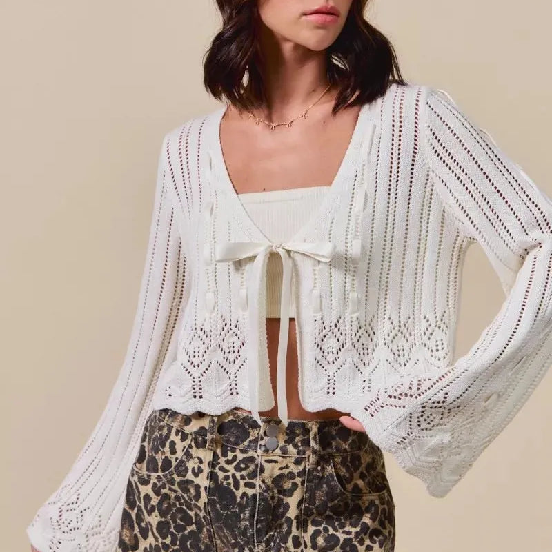 So Me Ribbon & Cozy Open Front Ribbon Tie Crochet Cardigan-Women's Shirts & Tops-Shop Z & Joxa