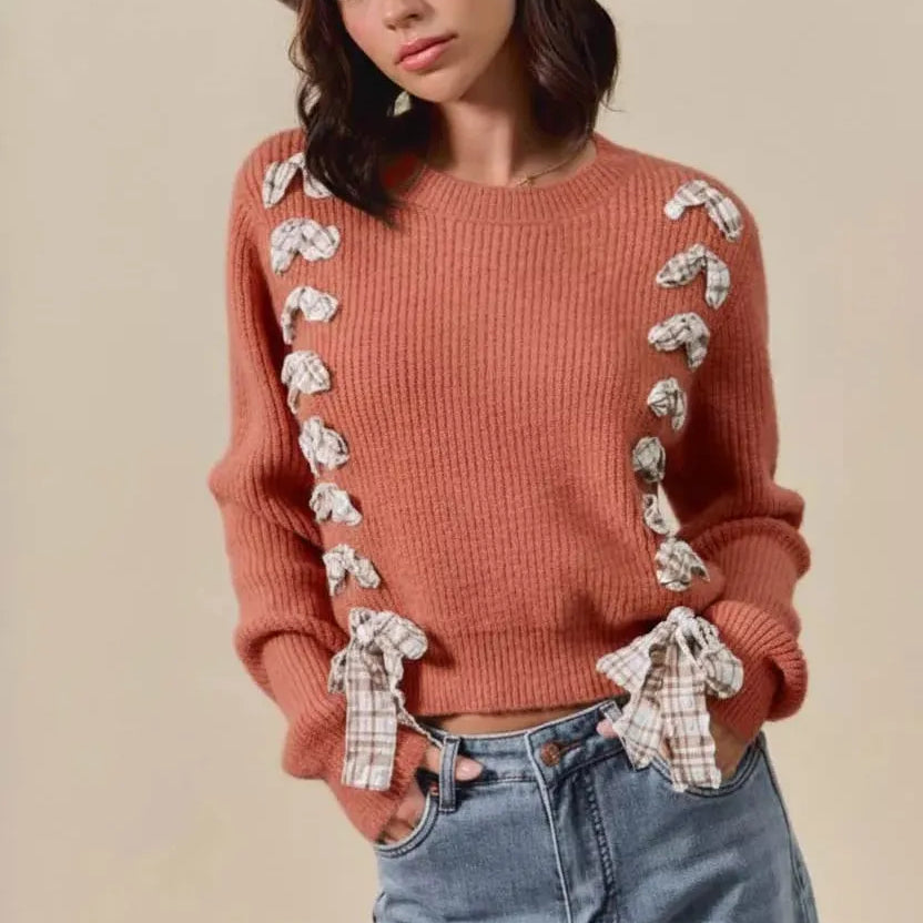 So Me Ribbon Kiss Checkered Plaid Tape Lace Up Sweater in Rust-Women's Shirts & Tops-Shop Z & Joxa