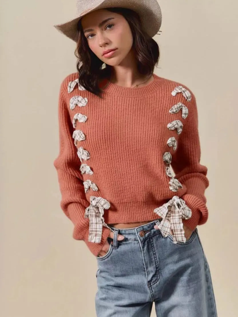 So Me Ribbon Kiss Checkered Plaid Tape Lace Up Sweater in Rust-Women's Shirts & Tops-Shop Z & Joxa