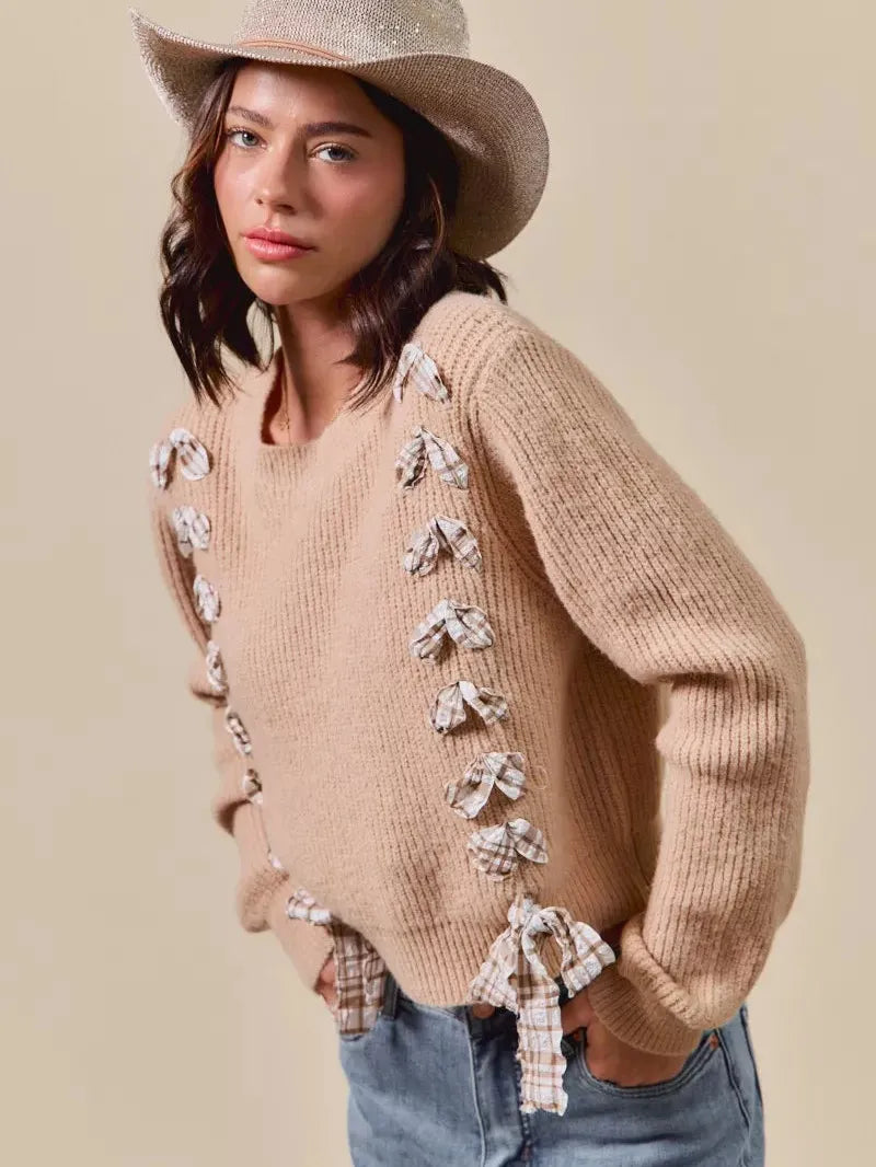 So Me Ribbon Kiss Checkered Plaid Tape Lace Up Sweater in Taupe-Women's Shirts & Tops-Shop Z & Joxa