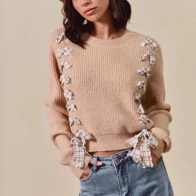 So Me Ribbon Kiss Checkered Plaid Tape Lace Up Sweater in Taupe-Women's Shirts & Tops-Shop Z & Joxa