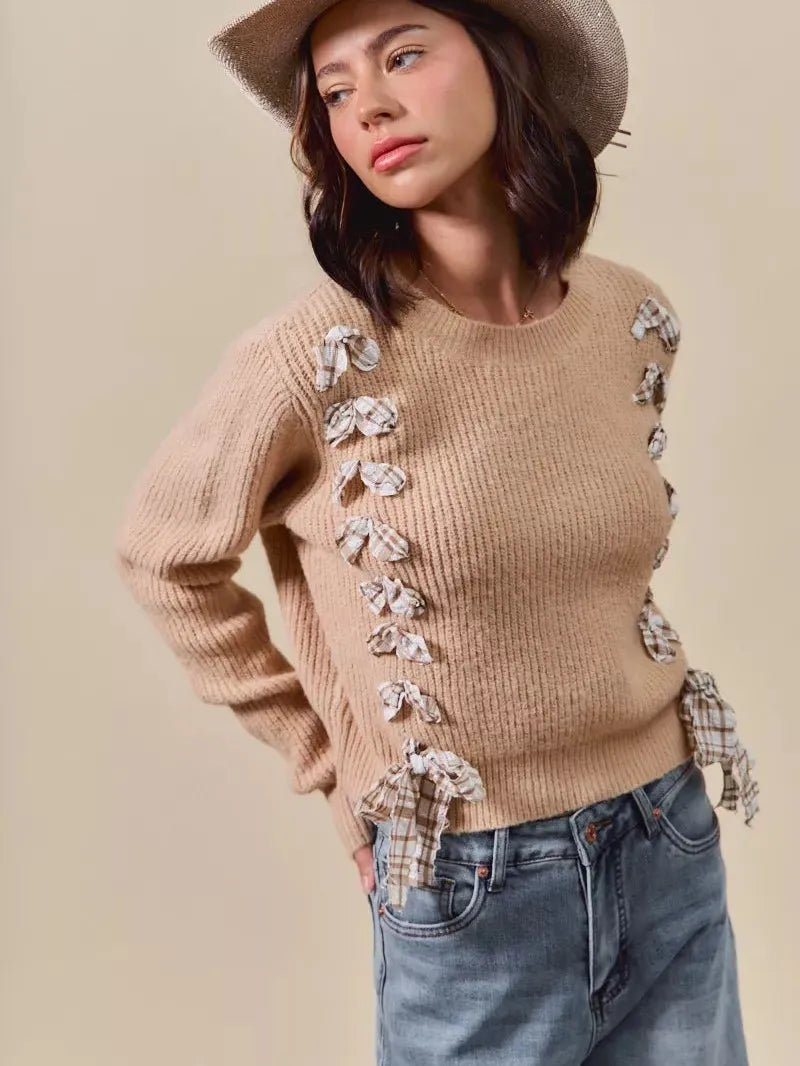 So Me Ribbon Kiss Checkered Plaid Tape Lace Up Sweater in Taupe-Women's Shirts & Tops-Shop Z & Joxa
