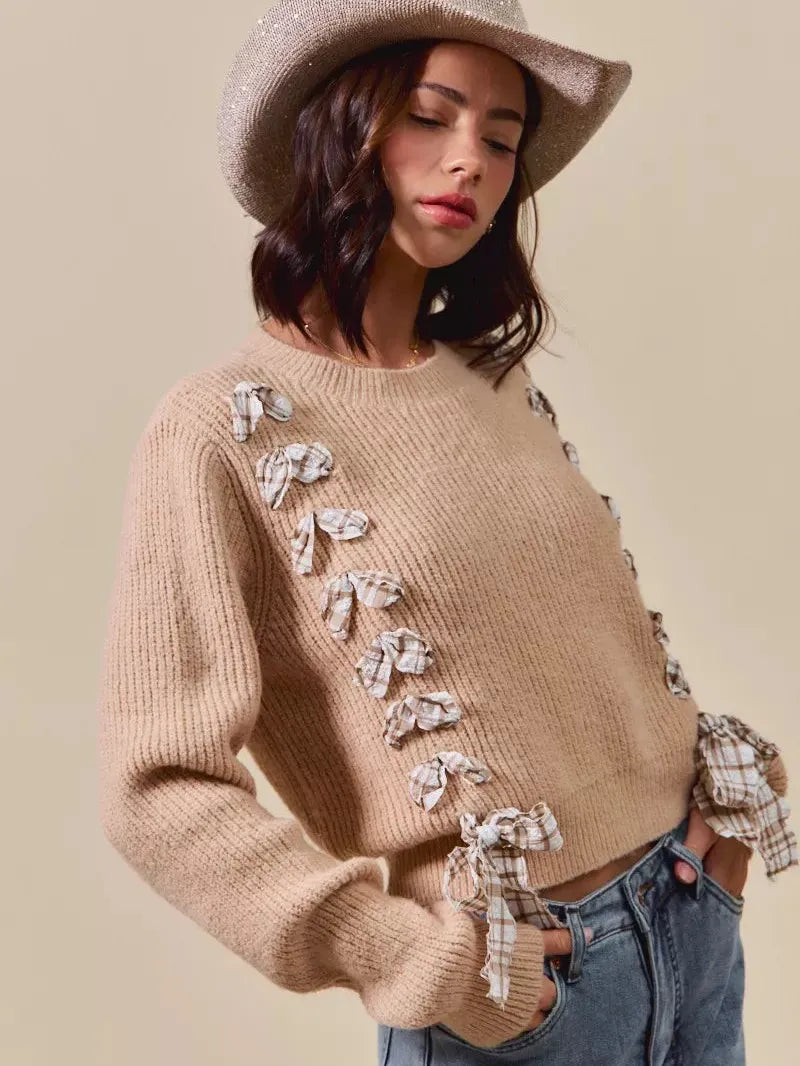So Me Ribbon Kiss Checkered Plaid Tape Lace Up Sweater in Taupe-Women's Shirts & Tops-Shop Z & Joxa