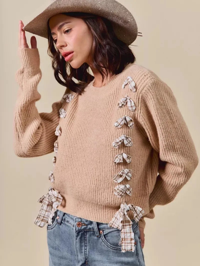 So Me Ribbon Kiss Checkered Plaid Tape Lace Up Sweater in Taupe-Women's Shirts & Tops-Shop Z & Joxa