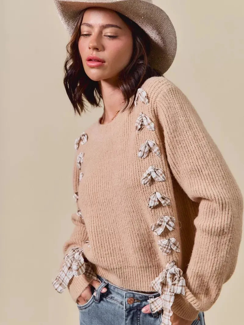 So Me Ribbon Kiss Checkered Plaid Tape Lace Up Sweater in Taupe-Women's Shirts & Tops-Shop Z & Joxa