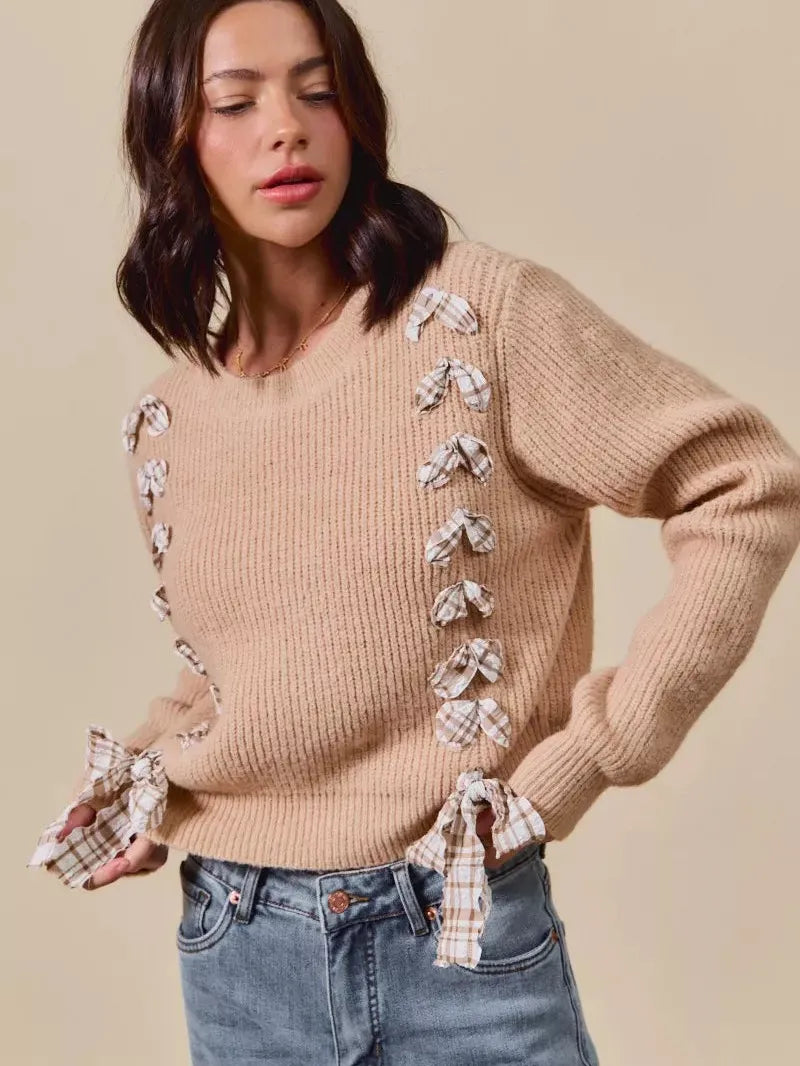 So Me Ribbon Kiss Checkered Plaid Tape Lace Up Sweater in Taupe-Women's Shirts & Tops-Shop Z & Joxa