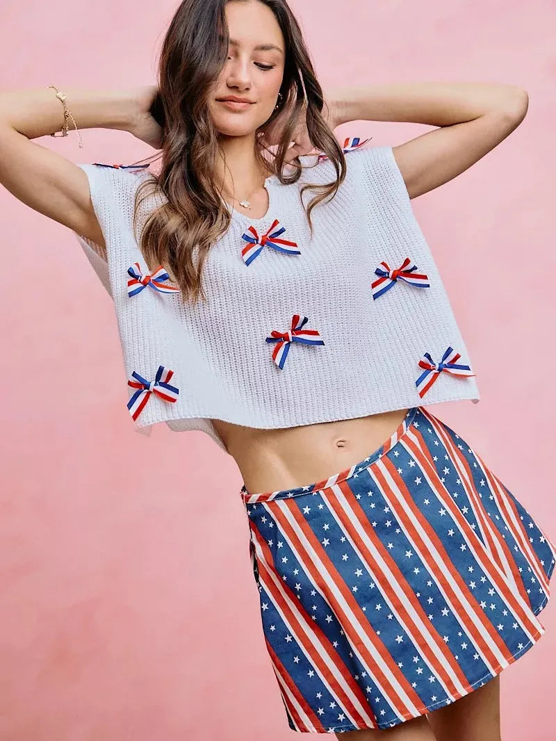 So Me Ribbon and Glory 4th Of July Ribbon Cropped Knit Top-Shirts & Tops-Shop Z & Joxa