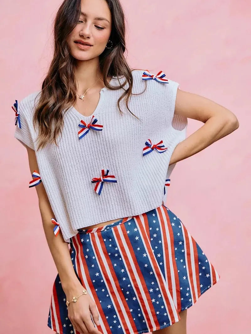 So Me Ribbon and Glory 4th Of July Ribbon Cropped Knit Top-Shirts & Tops-Shop Z & Joxa