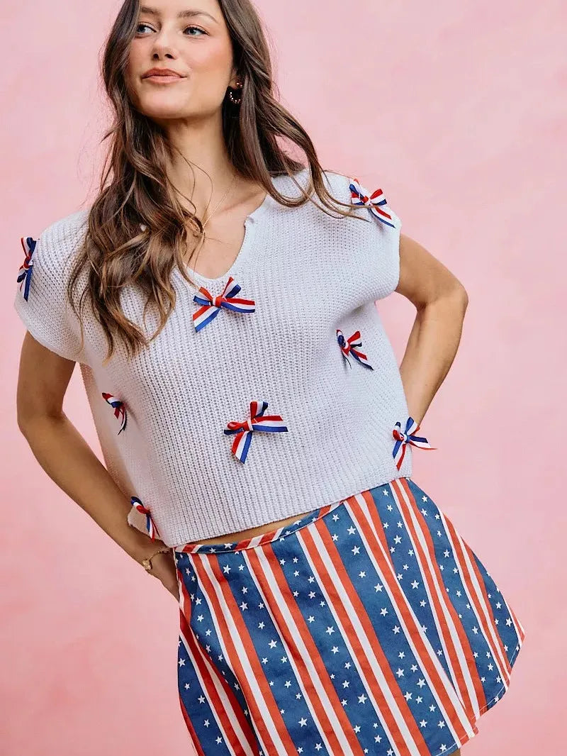 So Me Ribbon and Glory 4th Of July Ribbon Cropped Knit Top-Shirts & Tops-Shop Z & Joxa