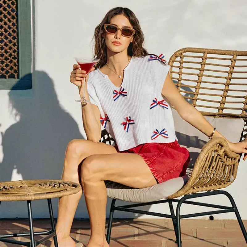 So Me Ribbon and Glory 4th Of July Ribbon Cropped Knit Top-Shirts & Tops-Shop Z & Joxa