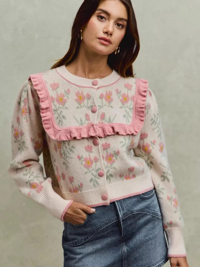 So Me Ruffle Me Up Long Sleeve Floral Cardigan with Ruffles-Women's Shirts & Tops-Shop Z & Joxa