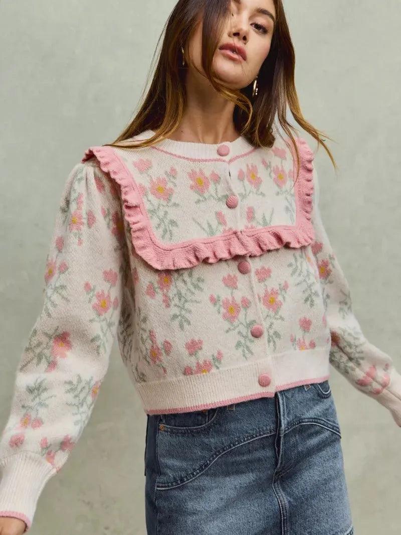 So Me Ruffle Me Up Long Sleeve Floral Cardigan with Ruffles-Women's Shirts & Tops-Shop Z & Joxa