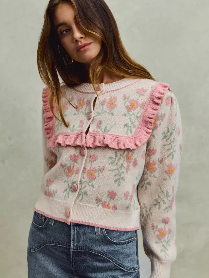 So Me Ruffle Me Up Long Sleeve Floral Cardigan with Ruffles-Women's Shirts & Tops-Shop Z & Joxa