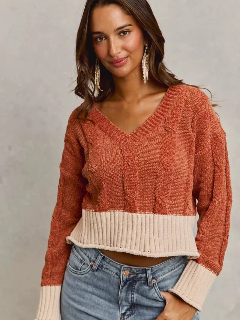 So Me Rust Statement Chenille Knit Crop Sweater with Contrast-Women's Shirts & Tops-Shop Z & Joxa