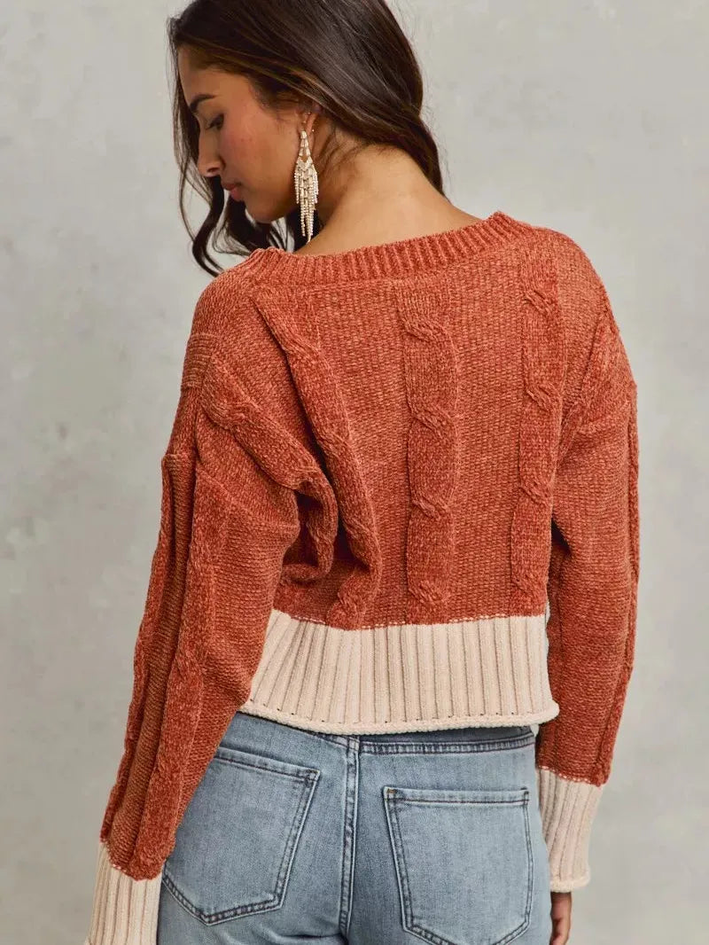 So Me Rust Statement Chenille Knit Crop Sweater with Contrast-Women's Shirts & Tops-Shop Z & Joxa