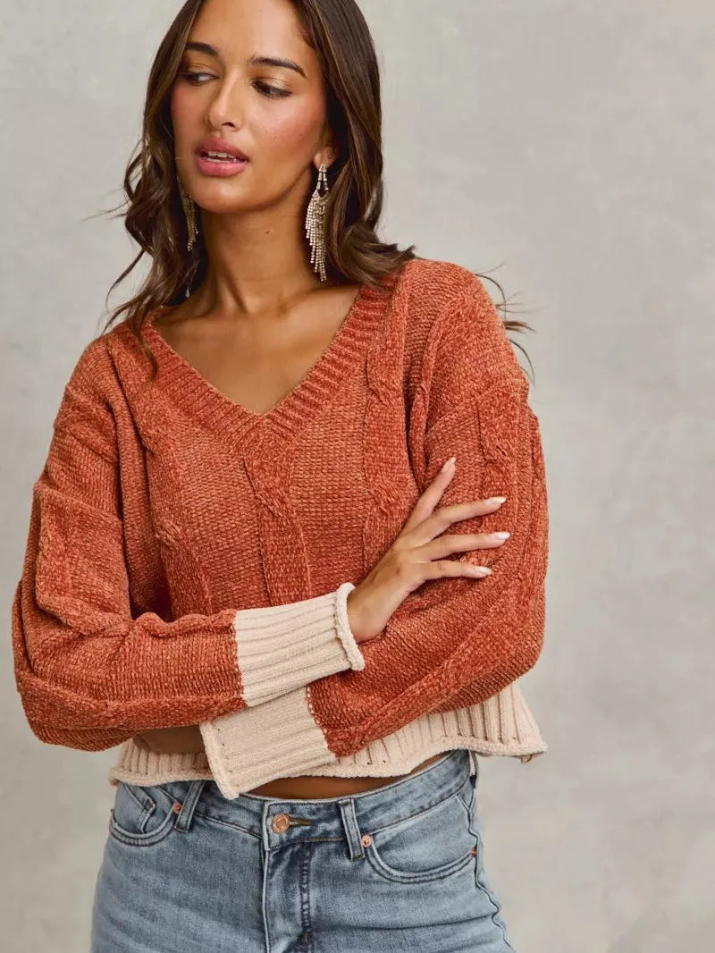So Me Rust Statement Chenille Knit Crop Sweater with Contrast-Women's Shirts & Tops-Shop Z & Joxa