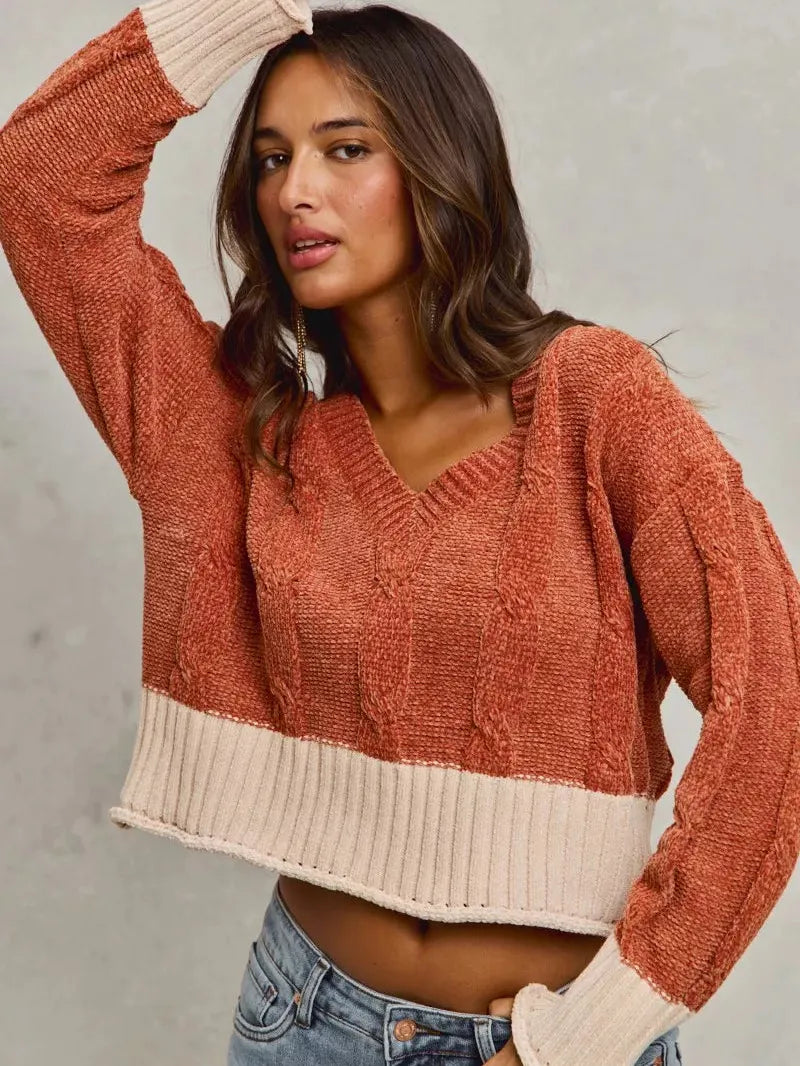 So Me Rust Statement Chenille Knit Crop Sweater with Contrast-Women's Shirts & Tops-Shop Z & Joxa