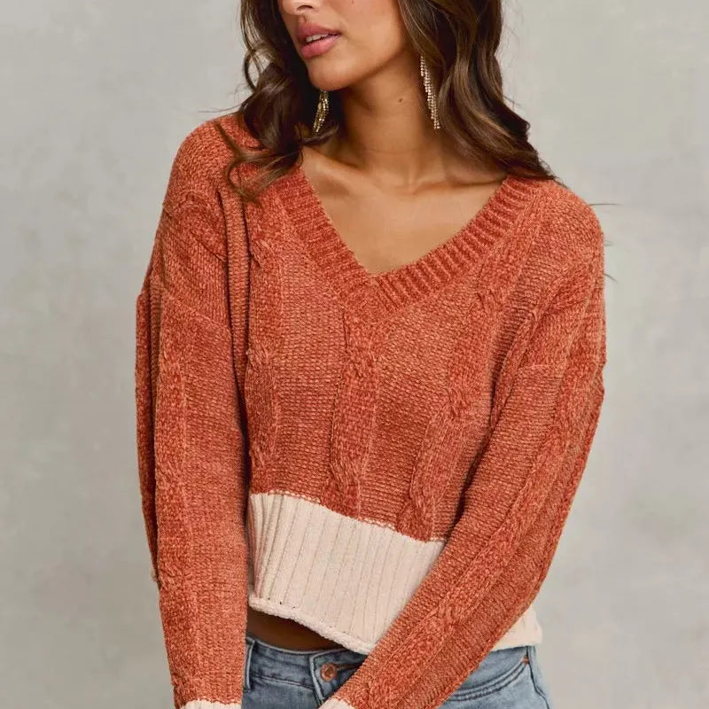 So Me Rust Statement Chenille Knit Crop Sweater with Contrast-Women's Shirts & Tops-Shop Z & Joxa