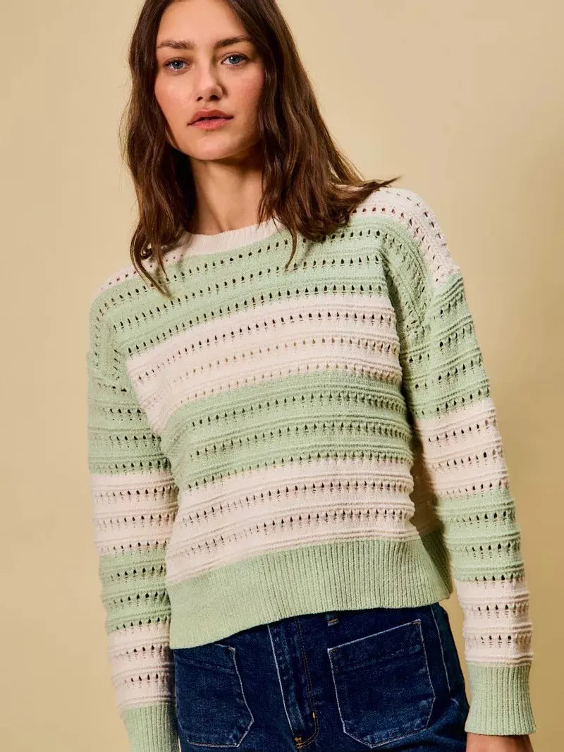 So Me Sage Statement Openwork Wide Stripe Textured Sweater-Women's Shirts & Tops-Shop Z & Joxa