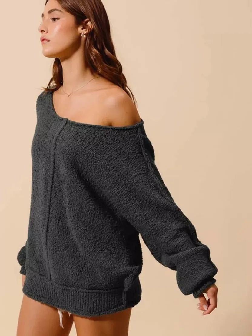 So Me Seamed Serenity Wide Neck Slouchy Boucle Sweater - Gray-Women's Shirts & Tops-Shop Z & Joxa