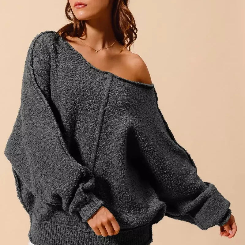 So Me Seamed Serenity Wide Neck Slouchy Boucle Sweater - Gray-Women's Shirts & Tops-Shop Z & Joxa