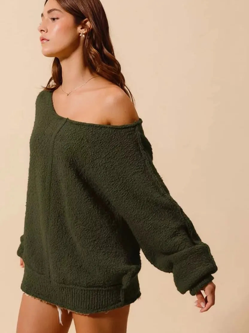 So Me Seamed Serenity Wide Neck Slouchy Boucle Sweater - Olive-Women's Shirts & Tops-Shop Z & Joxa