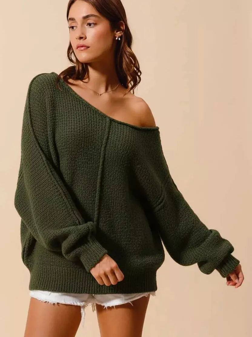 So Me Seamed Serenity Wide Neck Slouchy Boucle Sweater - Olive-Women's Shirts & Tops-Shop Z & Joxa