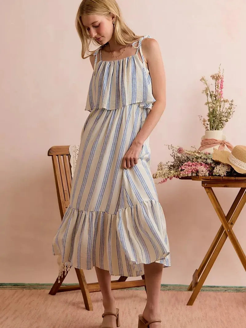 So Me Seaside Stroll Tiered Shoulder Tie Striped Midi Lined Dress-Women's Dresses-Shop Z & Joxa