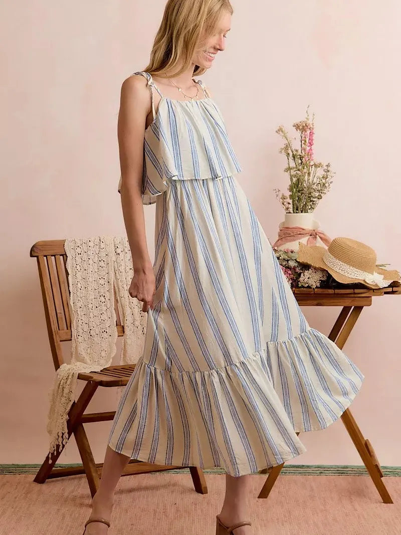 So Me Seaside Stroll Tiered Shoulder Tie Striped Midi Lined Dress-Women's Dresses-Shop Z & Joxa
