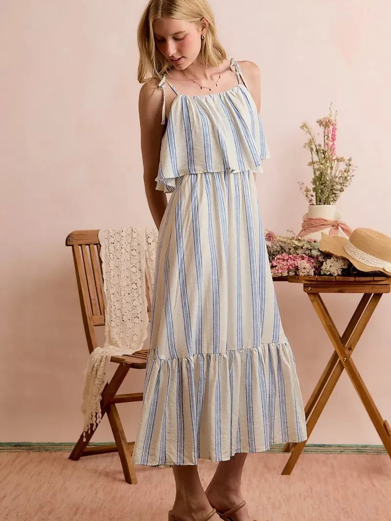 So Me Seaside Stroll Tiered Shoulder Tie Striped Midi Lined Dress-Women's Dresses-Shop Z & Joxa