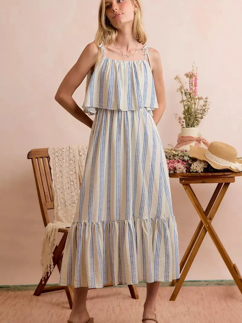 So Me Seaside Stroll Tiered Shoulder Tie Striped Midi Lined Dress-Women's Dresses-Shop Z & Joxa