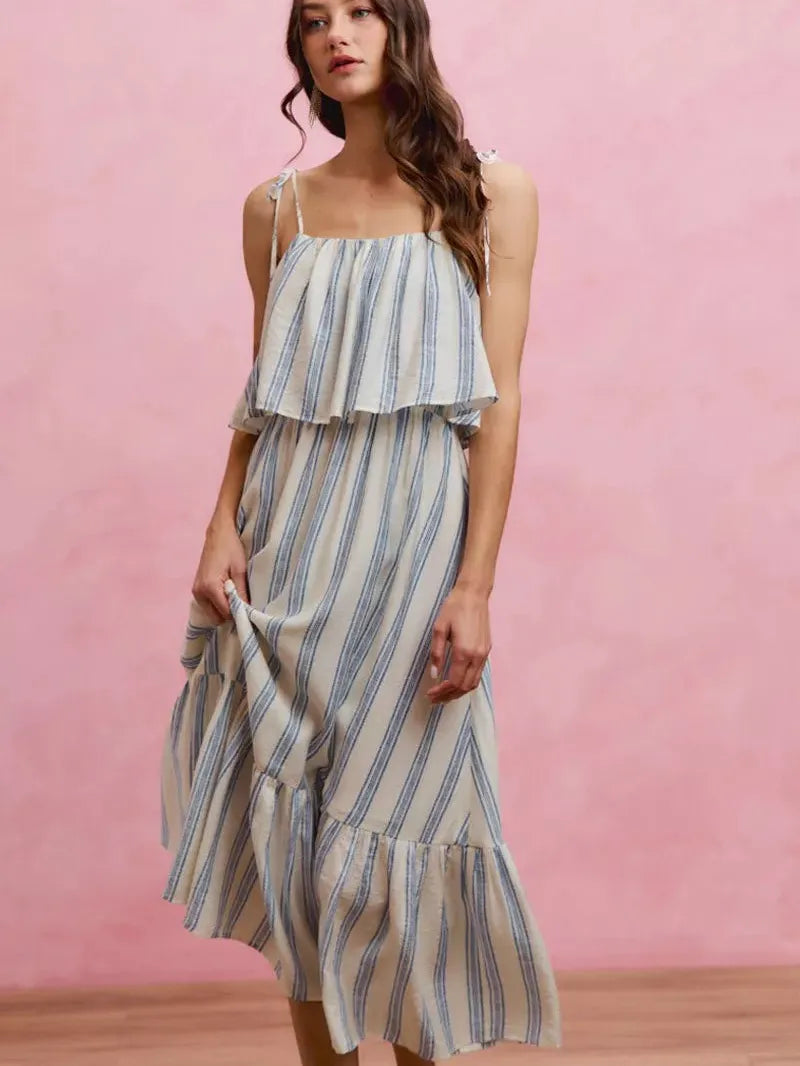 So Me Seaside Stroll Tiered Shoulder Tie Striped Midi Lined Dress-Women's Dresses-Shop Z & Joxa