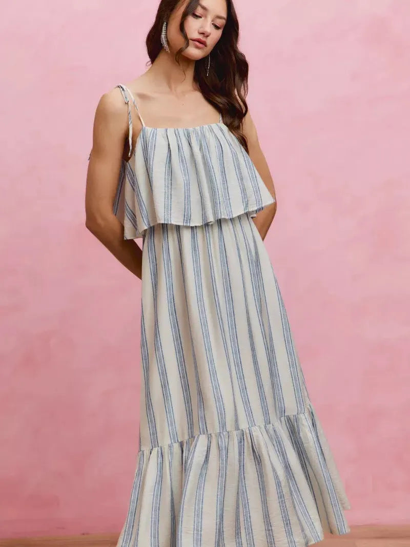 So Me Seaside Stroll Tiered Shoulder Tie Striped Midi Lined Dress-Women's Dresses-Shop Z & Joxa