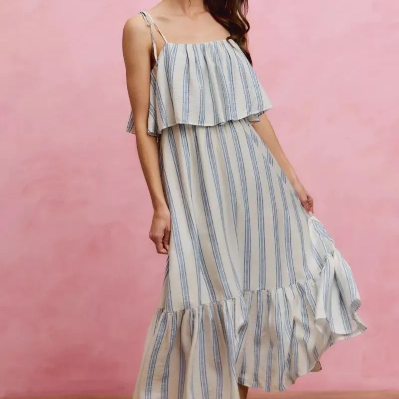 So Me Seaside Stroll Tiered Shoulder Tie Striped Midi Lined Dress-Women's Dresses-Shop Z & Joxa