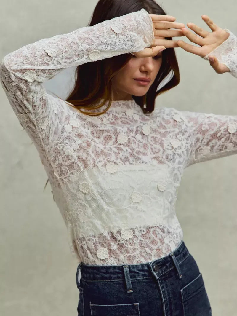 So Me Sheer Floral White Lace Long Sleeve Layering Top-Women's Shirts & Tops-Shop Z & Joxa