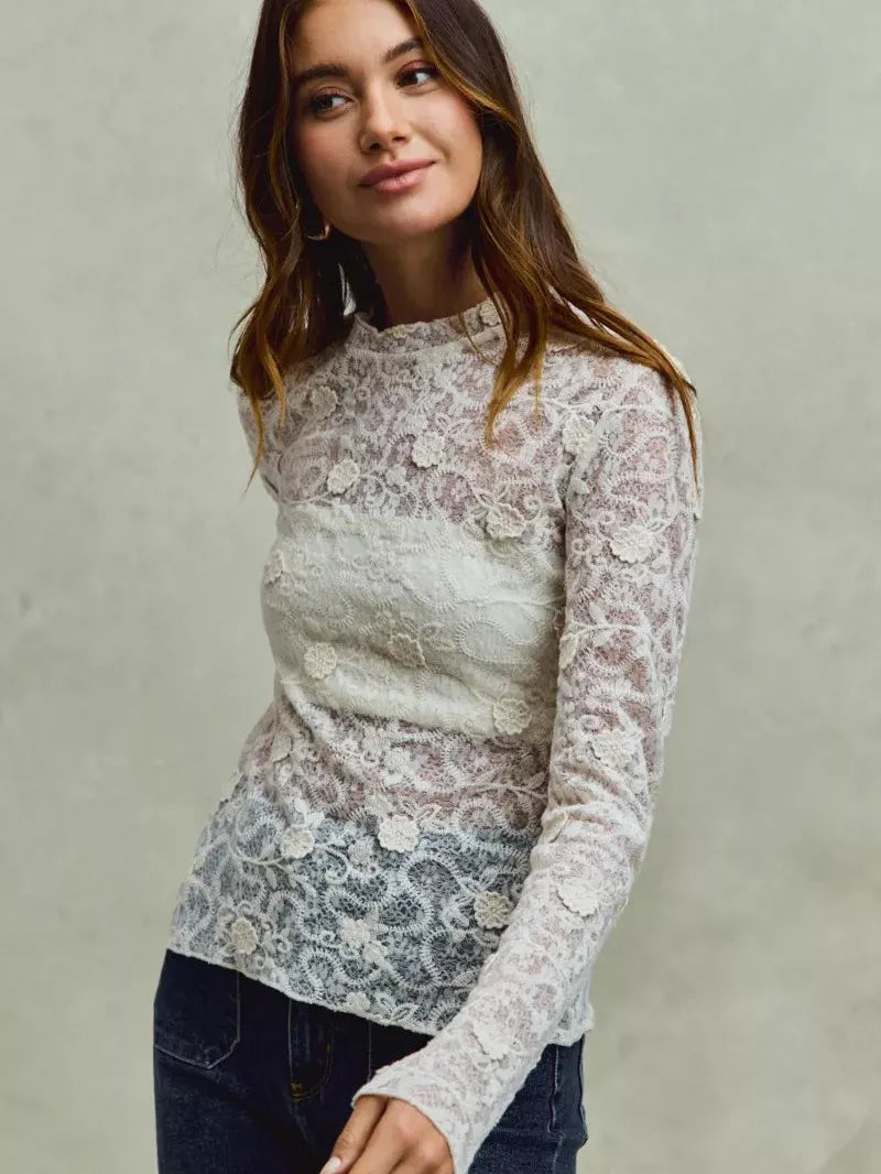 So Me Sheer Floral White Lace Long Sleeve Layering Top-Women's Shirts & Tops-Shop Z & Joxa