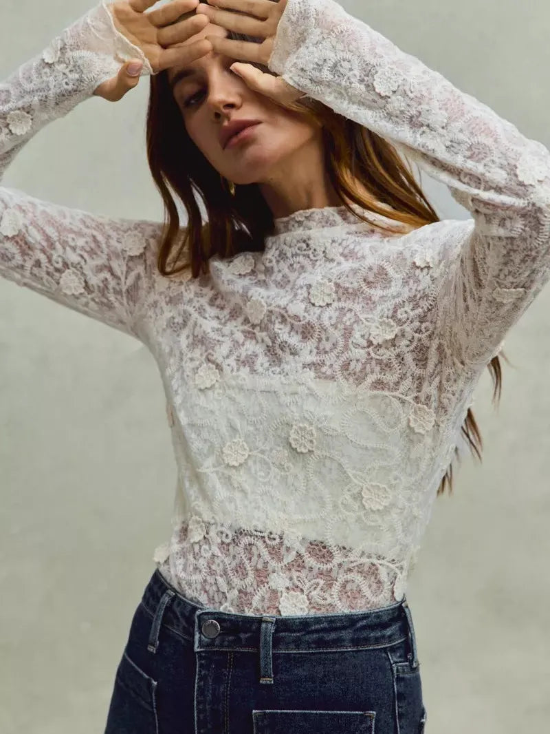 So Me Sheer Floral White Lace Long Sleeve Layering Top-Women's Shirts & Tops-Shop Z & Joxa