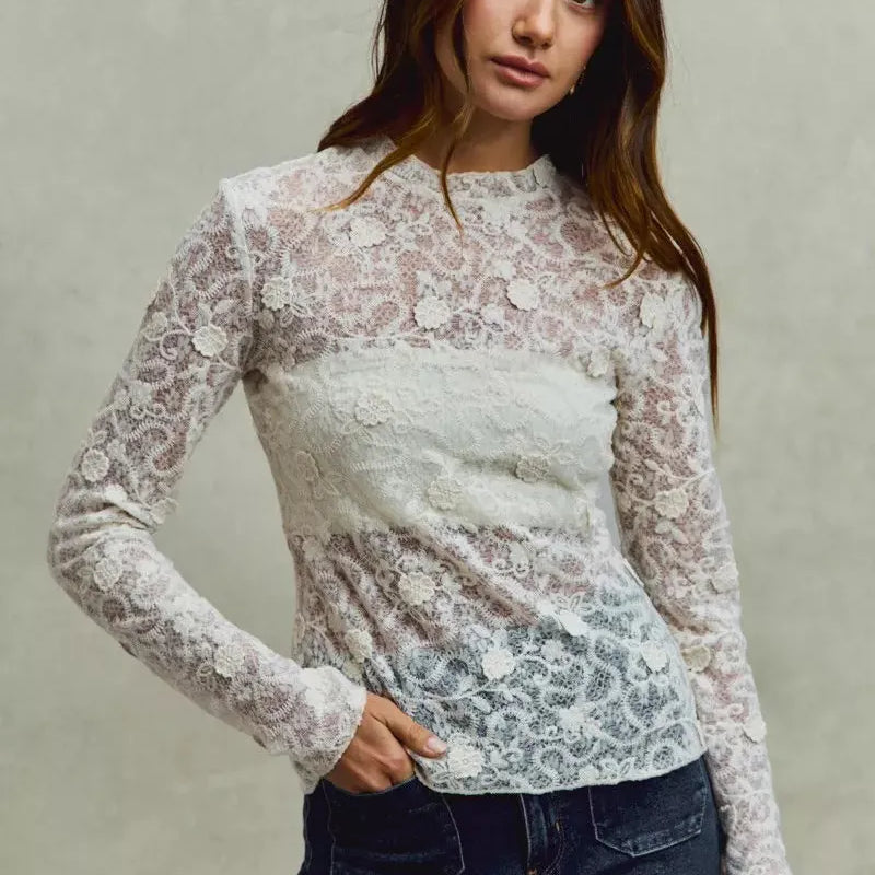 So Me Sheer Floral White Lace Long Sleeve Layering Top-Women's Shirts & Tops-Shop Z & Joxa