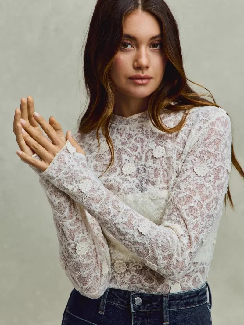 So Me Sheer Floral White Lace Long Sleeve Layering Top-Women's Shirts & Tops-Shop Z & Joxa