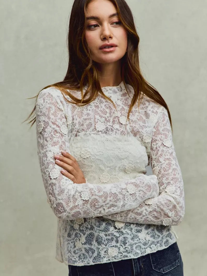So Me Sheer Floral White Lace Long Sleeve Layering Top-Women's Shirts & Tops-Shop Z & Joxa