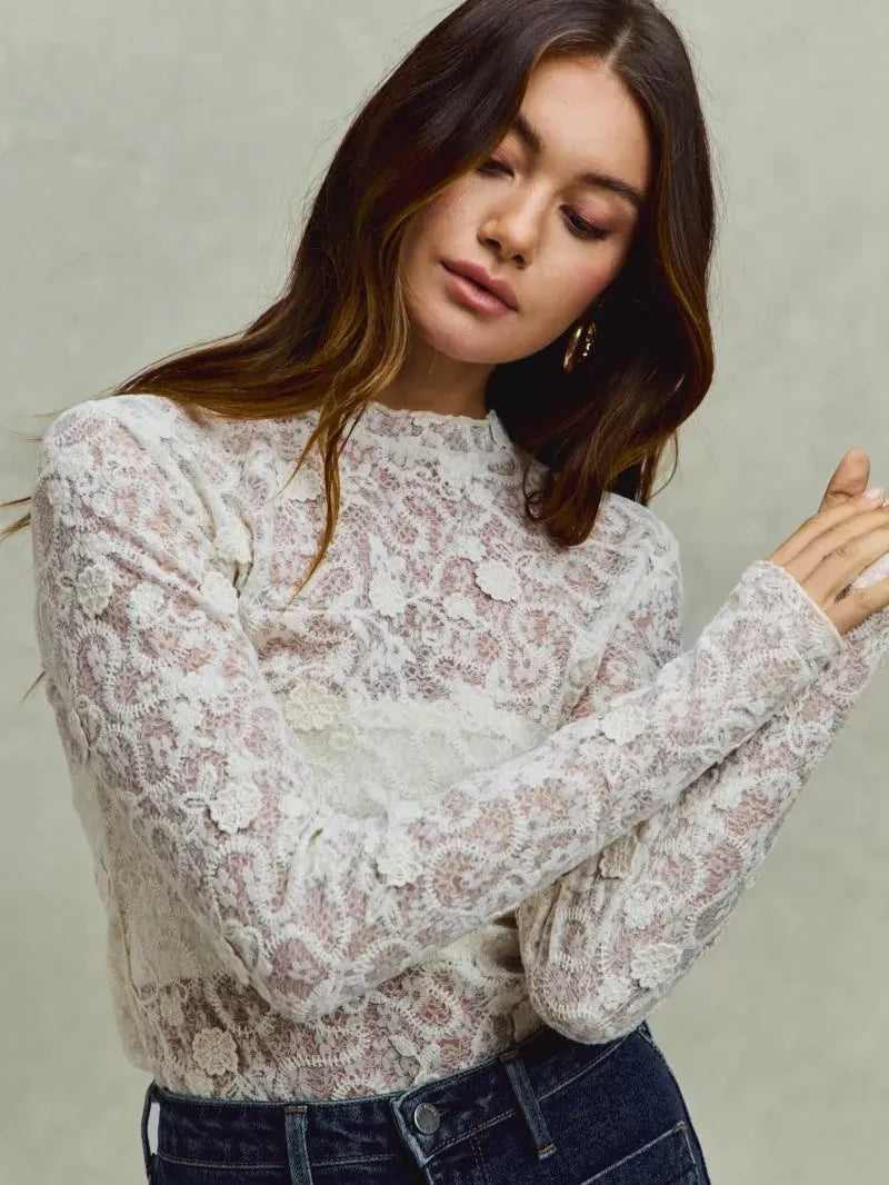 So Me Sheer Floral White Lace Long Sleeve Layering Top-Women's Shirts & Tops-Shop Z & Joxa